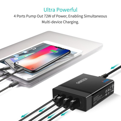 Cóc củ sạc nhanh 72W 3 cổng USB & 1 cổng PD Type-C 3.0 hiệu CHOETECH 1C3UEU-101BK cho điện thoại / máy tính bảng / Macbook / Laptop - Hàng chính hãng
