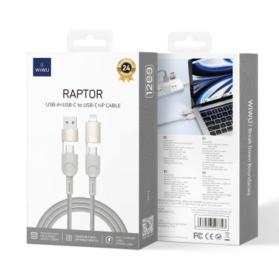 Cáp Sạc Đa Năng 4in1 sạc nhanh 100W dài 200cm USB-C + USB-A ra Type-C + L cho iPhone / cho iPad/ cho Macbook Laptop / Điện thoại thông minh hiệu WIWU Raptor - Chống Rối, Siêu Bền, Chip Thông Minh Tích Hợp, Sạc An Toàn - Hàng nhập khẩu