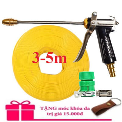 Bộ dây vòi xịt nước rửa xe,tưới cây .tăng áp 3 lần, loại 3m,5m 206318 đầu đồng,đai,nối nhựa vàng+ tặng móc khoá 