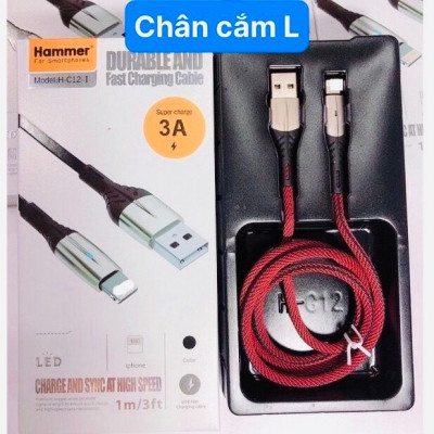Dây sạc nhanh 3A Hiệu Ham mer ( H-C12-I ), Chân L Có đèn báo, Hàng chính hãng bảo hành 12 tháng