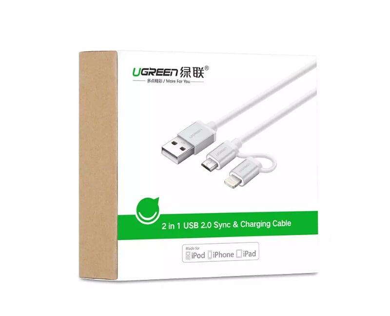 Ugreen UG30892US165TK 1M màu Đen Cáp sạc đa năng USB sang MicroUSB + Lightning - HÀNG CHÍNH HÃNG