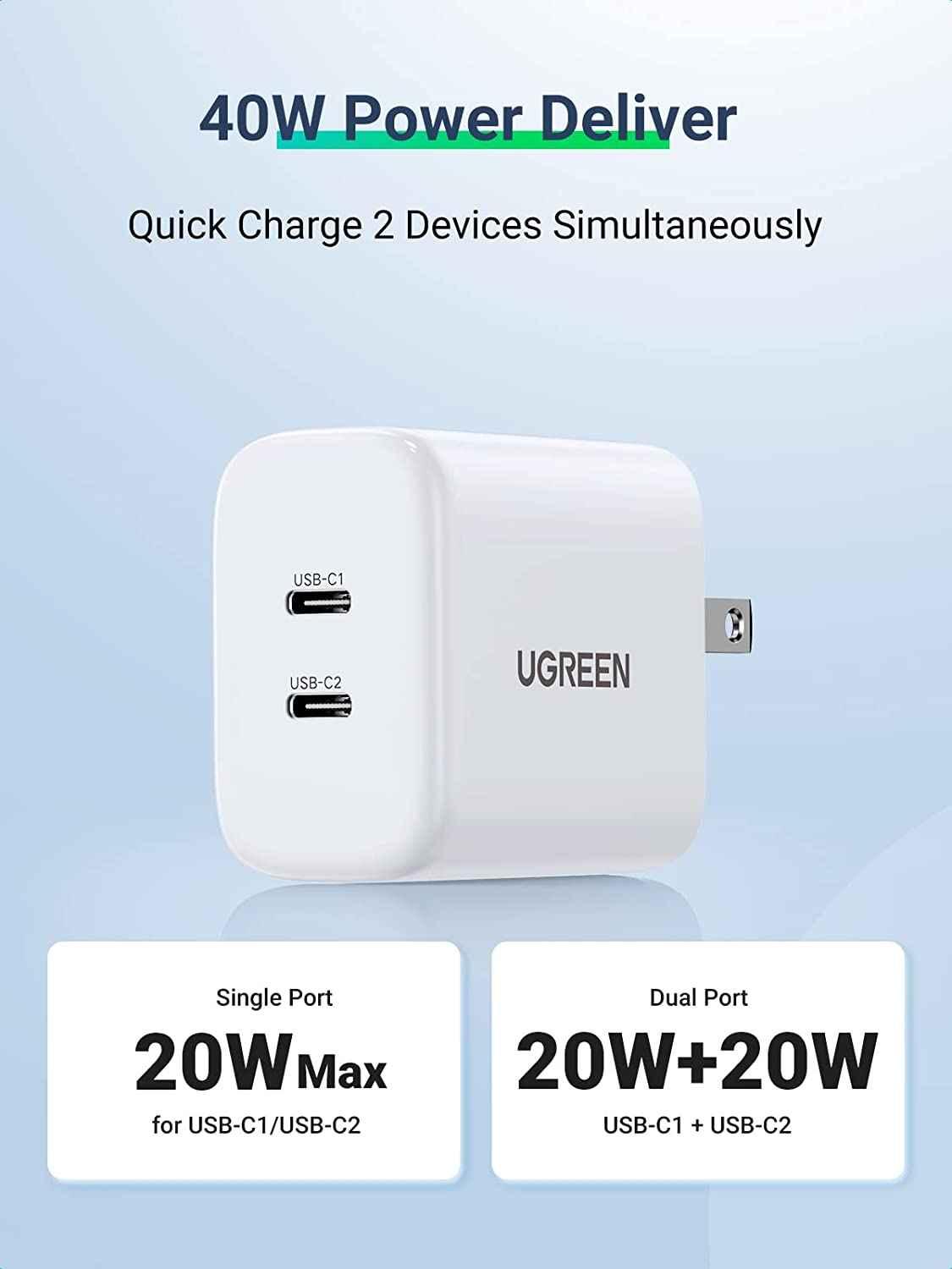 Ugreen UG90299CD243TK 40W Bộ sạc nhanh 2 cổng USB-C chuẩn cắm US Màu Trắng - HÀNG CHÍNH HÃNG