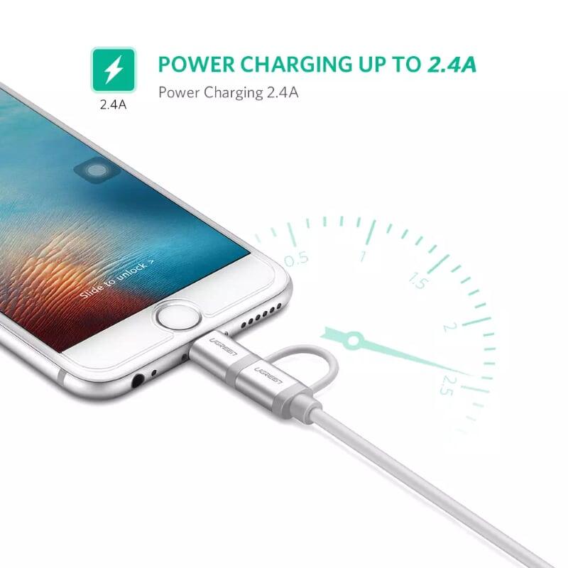 Ugreen UG20748US165TK 1M màu Trắng Cáp sạc đa năng USB sang MicroUSB + Lightning - HÀNG CHÍNH HÃNG