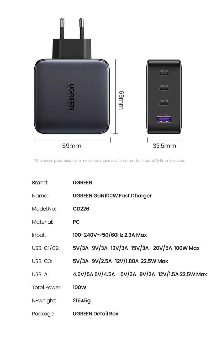 Ugreen UG15336CD226TK 100W Bộ sạc nhanh Nexode GaN 3 cổng USB Type-C + USB-A Màu Trắng chuẩn cắm US - HÀNG CHÍNH HÃNG