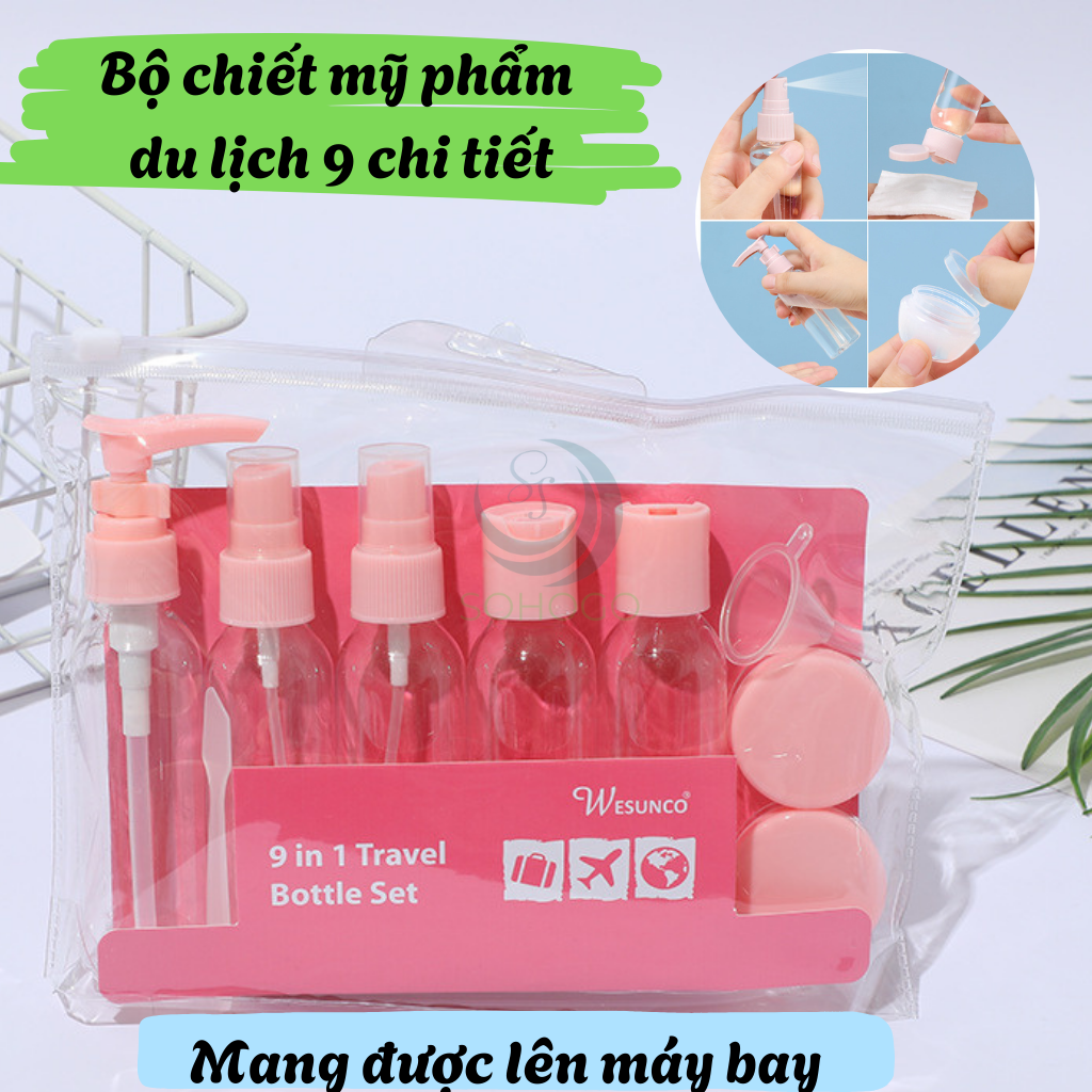 Bộ chiết mỹ phẩm du lịch 9 món Set chiết mỹ phẩm mini 9 món tiện lợi Bộ chiết du lịch xanh mint – Nhỏ gọn, xinh xắn, chuẩn xách tay