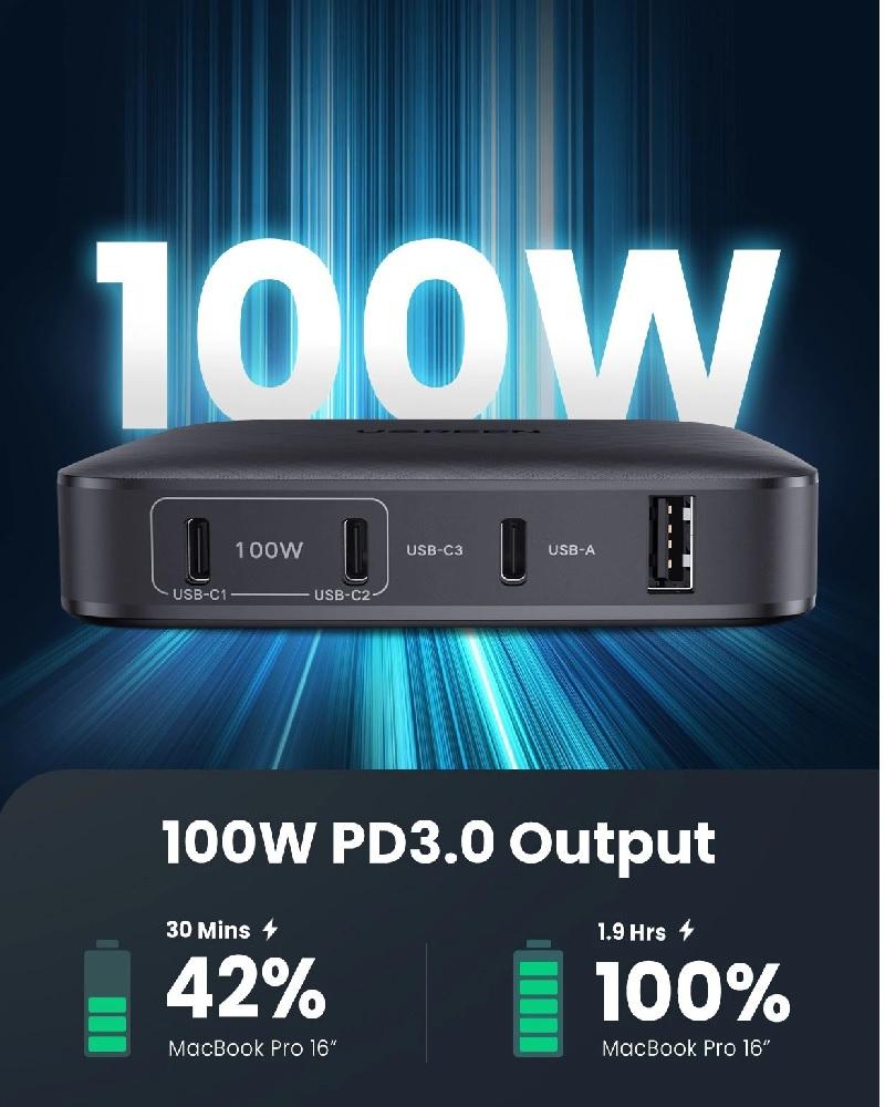 Ugreen UG70869CD226TK 100W 4port USB-C Màu đen Bộ sạc nhanh để bàn 4 cổng USB-C - HÀNG CHÍNH HÃNG