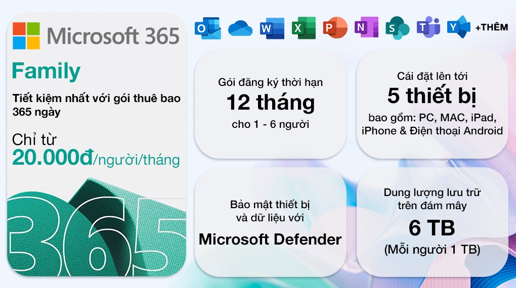 Phần mềm Microsoft 365 Family 6GQ-01896 / EP2-36878 | 12 tháng | Dành cho tối đa 6 người | 5 thiết bị/tài khoản| Word, Excel, PowerPoint | 1TB OneDrive