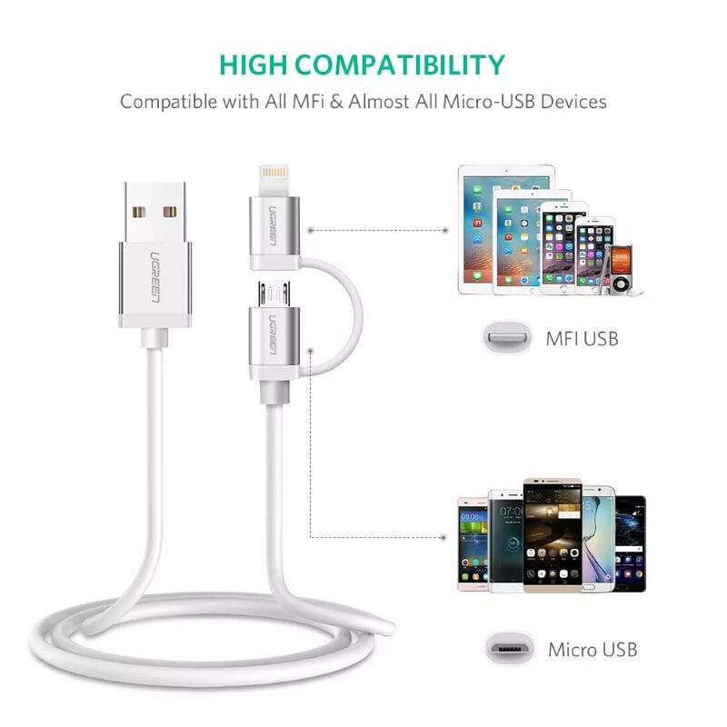 Ugreen UG20748US165TK 1M màu Trắng Cáp sạc đa năng USB sang MicroUSB + Lightning - HÀNG CHÍNH HÃNG