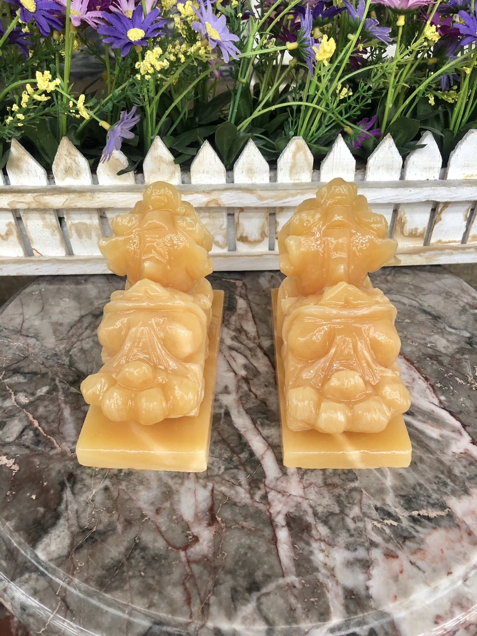 Cặp Tỳ Hưu phong thủy tài lộc đá ngọc hoàng long có đế - Dài 12 cm