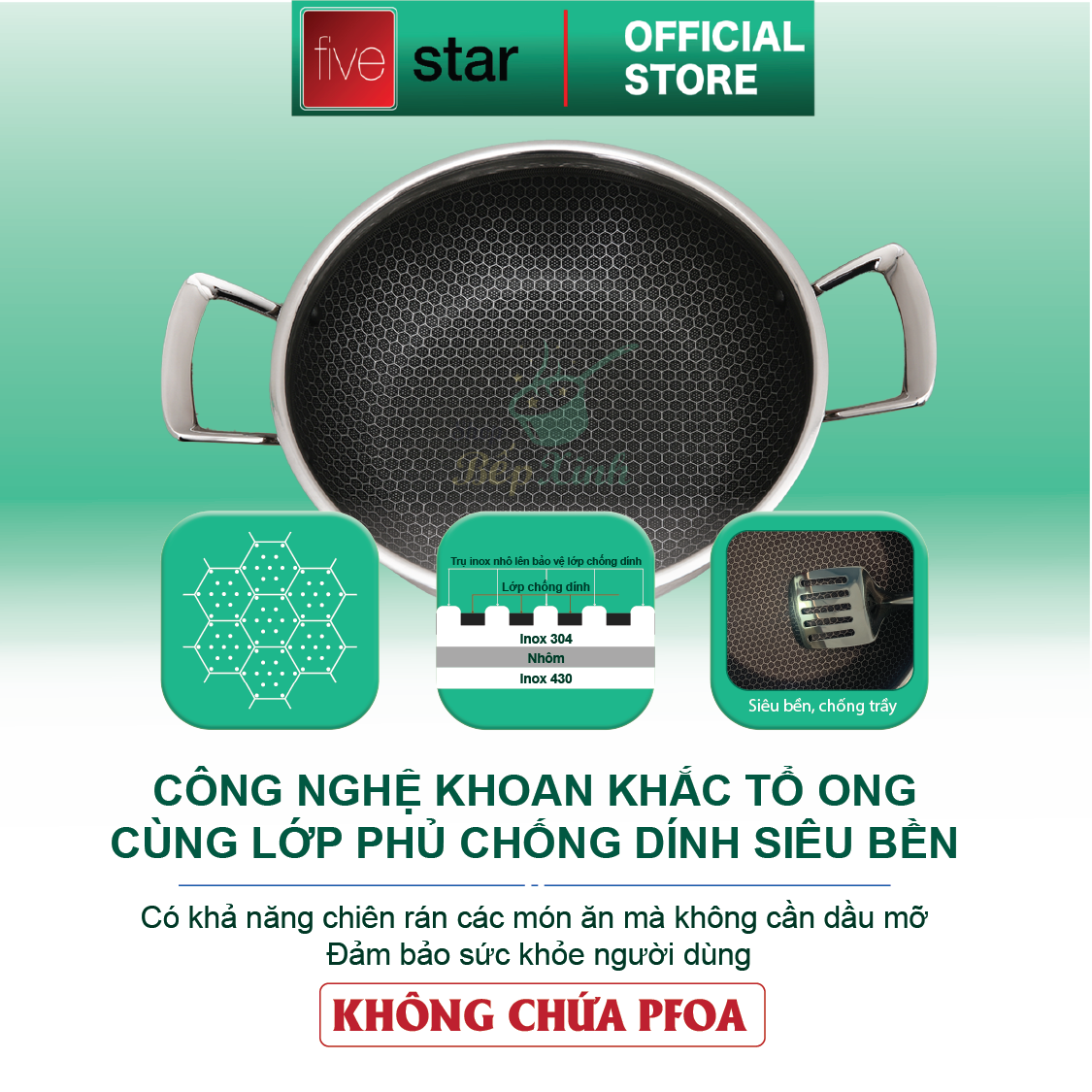 Chảo tổ ong chống dính 2 quai FiveStar 3 lớp đáy liền inox 304 ( 24cm / 26cm /28cm ), tặng 1 sạn inox