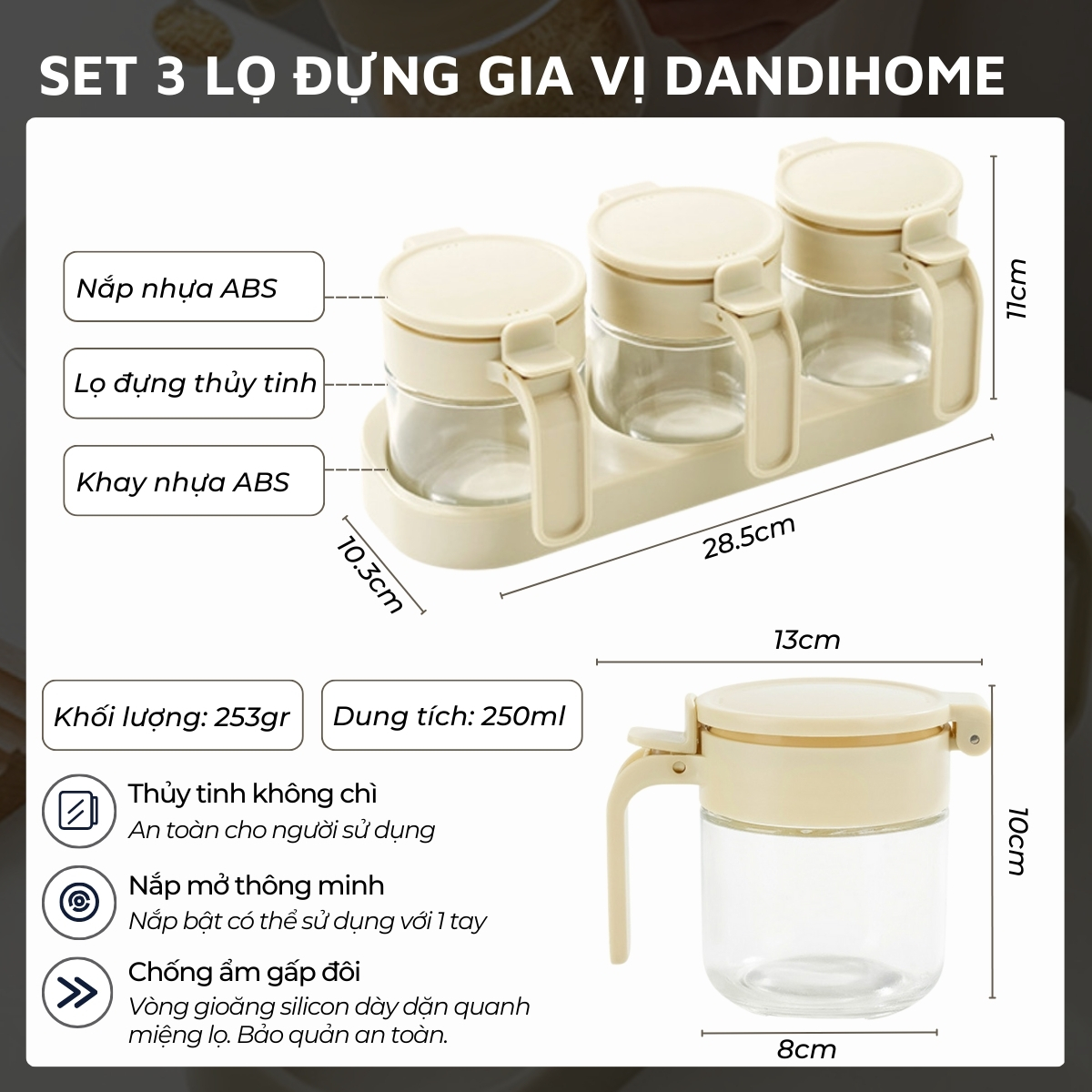 Set 3 hũ (lọ) đựng gia vị kèm khay DandiHome 250ml thủy tinh cao cấp tặng muỗng