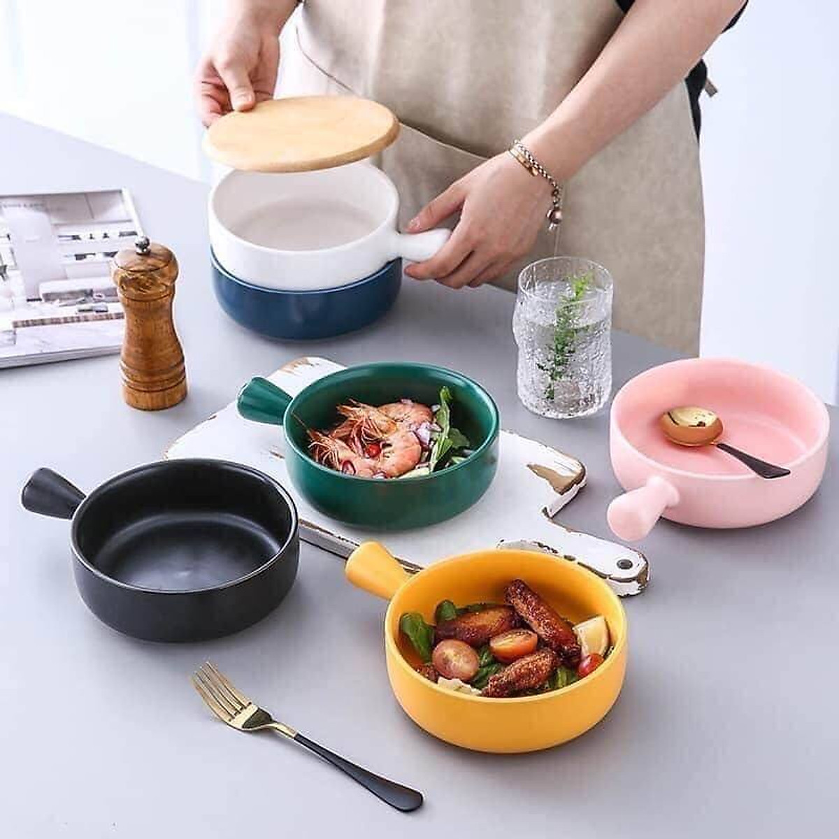 Bát Sứ Có Tay Cầm - Thố Sứ Cao Cấp Đường Kính 15cm Hàng Loại 1 Dùng Được Lò Vi Sóng, Lò Nướng - hàng Loại 1 - Chính Hãng MINIIN