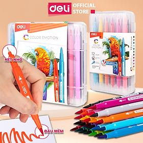 Bút Dạ Nước Hai Đầu Deli - Bút Đánh Dấu Hai Đầu Brush Và Nét Nhỏ - Bút Highlighter Có Thể Giặt Được
