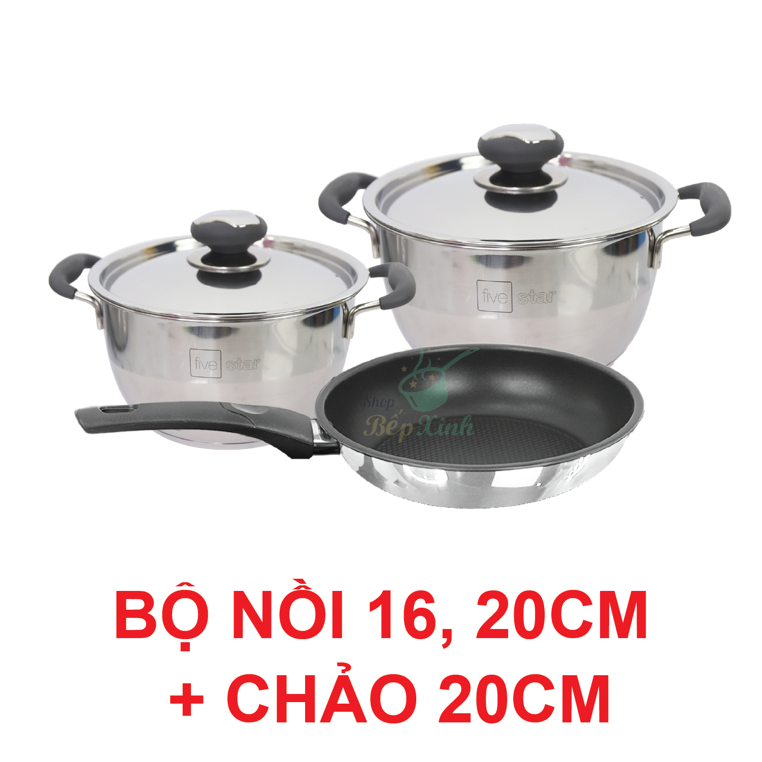 Bộ nồi inox và chảo chống dính Fivestar Standard chống nóng nắp inox 3 đáy từ tặng 2 vá canh (1 nồi 16cmx 1 nồi 20cm và 1 chảo 22cm )