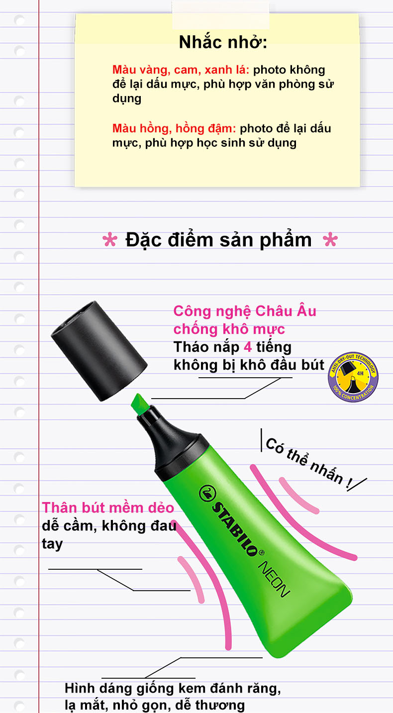 Bộ 4 Bút dạ quang STABILO màu Neon - vàng + hồng (HL72/PN68-C2YP)