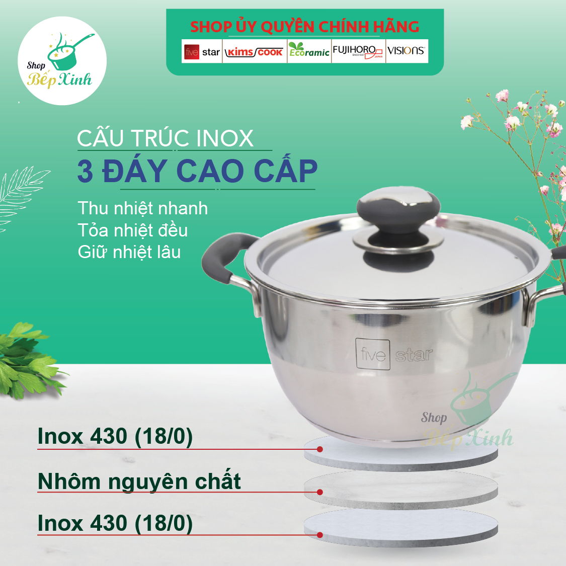 Nồi 3 đáy inox 430 Thân Cool Fivestar Standard quai silicon chống nóng nắp inox (16cm)