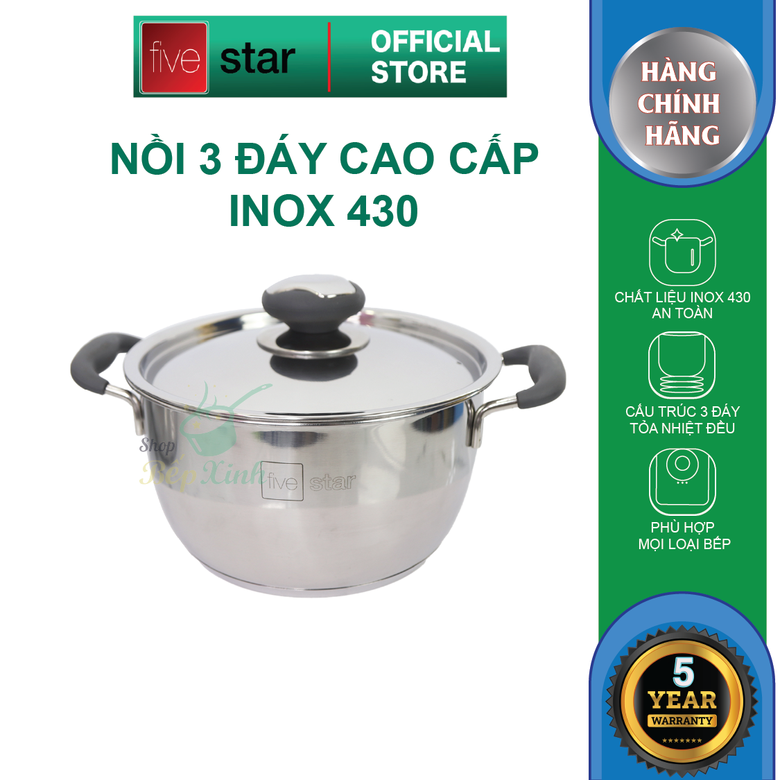 Bộ nồi inox và chảo chống dính Fivestar Standard chống nóng nắp inox 3 đáy từ tặng 2 vá canh (1 nồi 16cmx 1 nồi 20cm và 1 chảo 22cm )