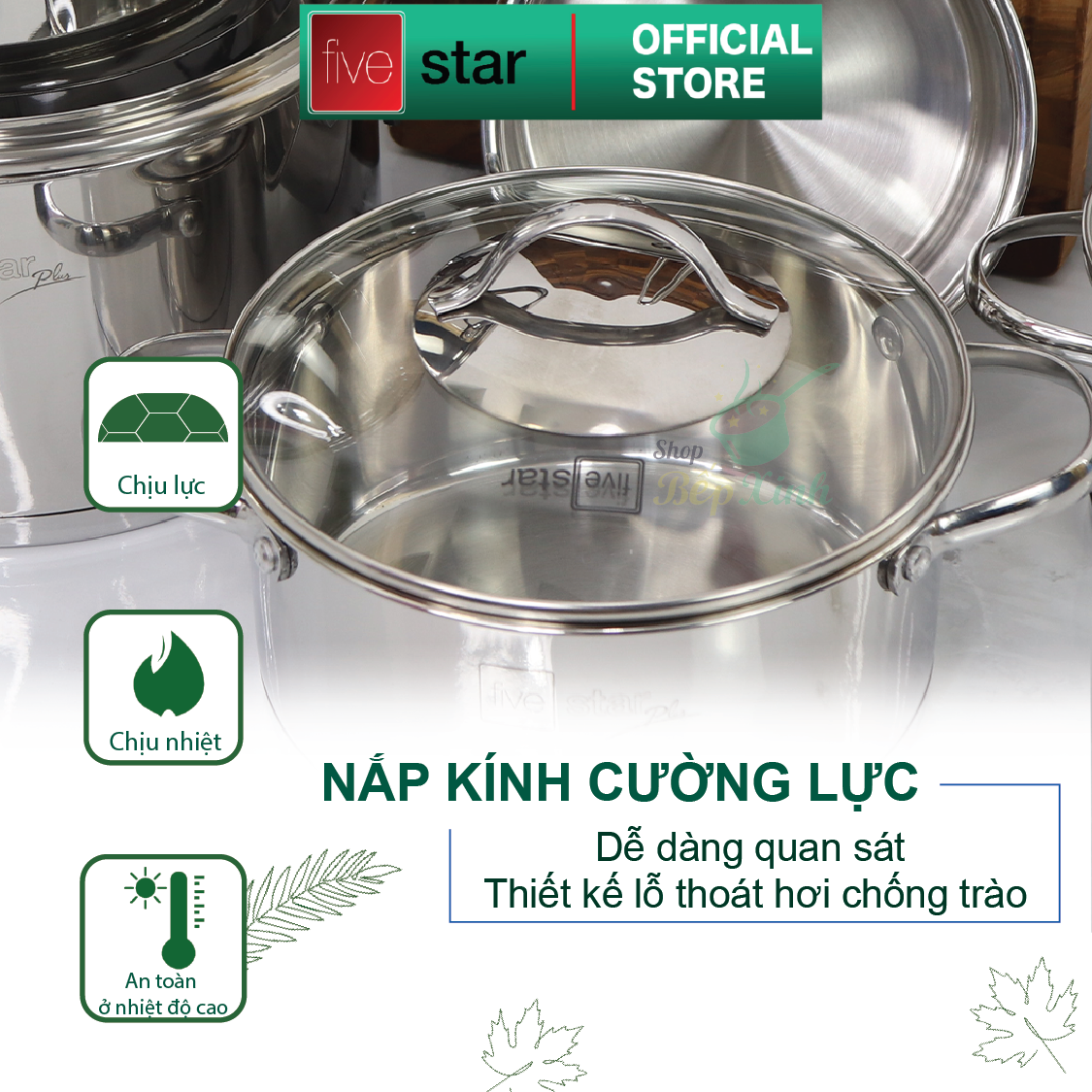 Bộ nồi chảo chống dính cao cấp Fivestar 6 món 3 đáy từ nắp kính ( tặng bộ sạn dừa 4 món )