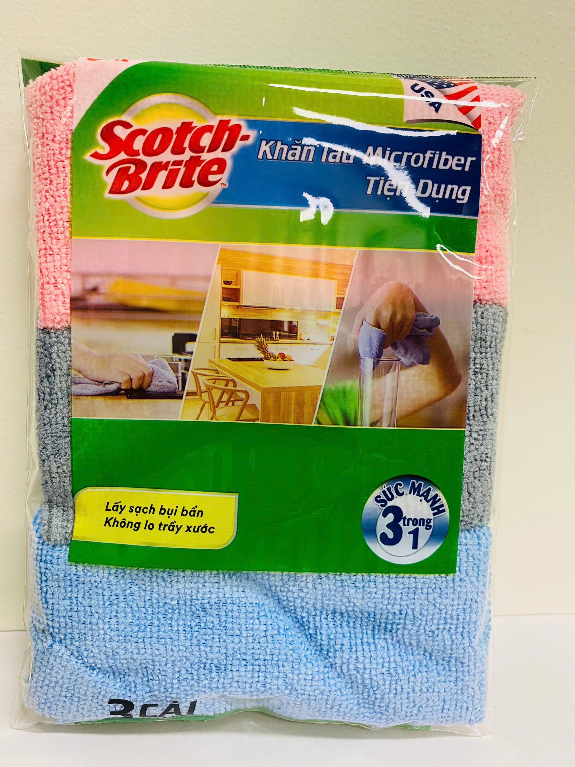COMBO 3 KHĂN LAU BẾP đa năng MICROFIBER 3M SCOTCH-BRITE , 30 CM X 30 CM, 3 CÁI/GÓI