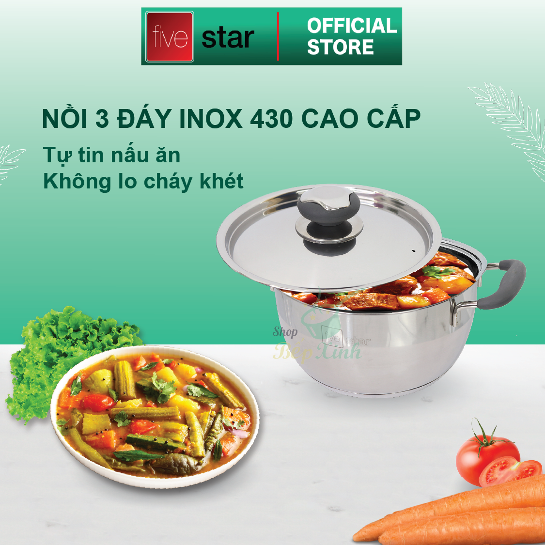 Bộ nồi inox và chảo chống dính Fivestar Standard chống nóng nắp inox 3 đáy từ tặng 2 vá canh (1 nồi 16cmx 1 nồi 20cm và 1 chảo 22cm )