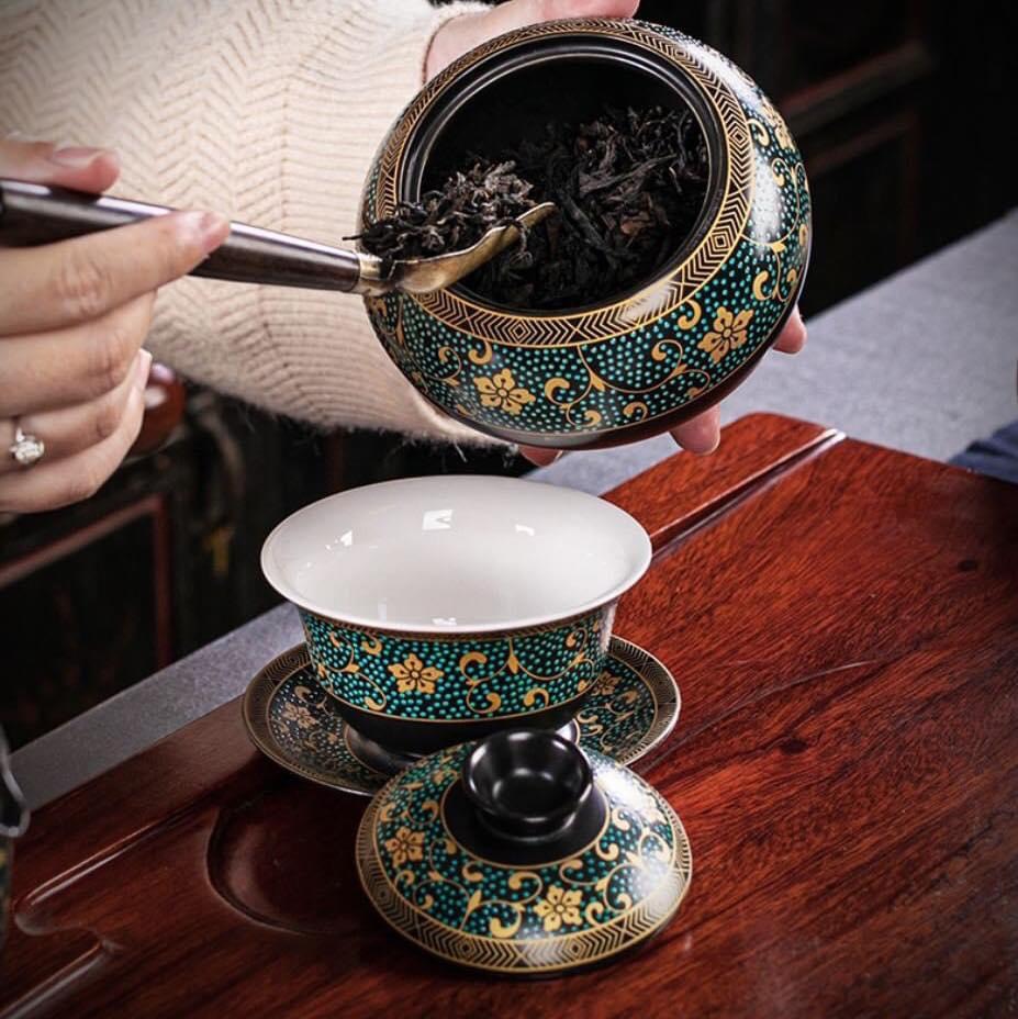 Bộ ấm chén pha trà đạo phong cách Nhật họa tiết hoa thổ cẩm - vd178