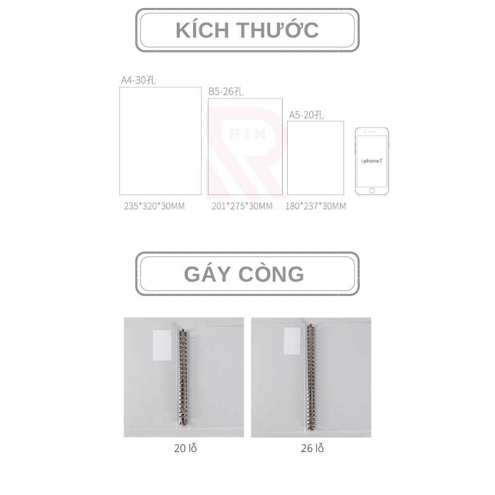 Bìa sổ tay bìa nhựa / Bìa gáy còng có thể thay lõi, ruột sổ nhiều size A5-B5-A4