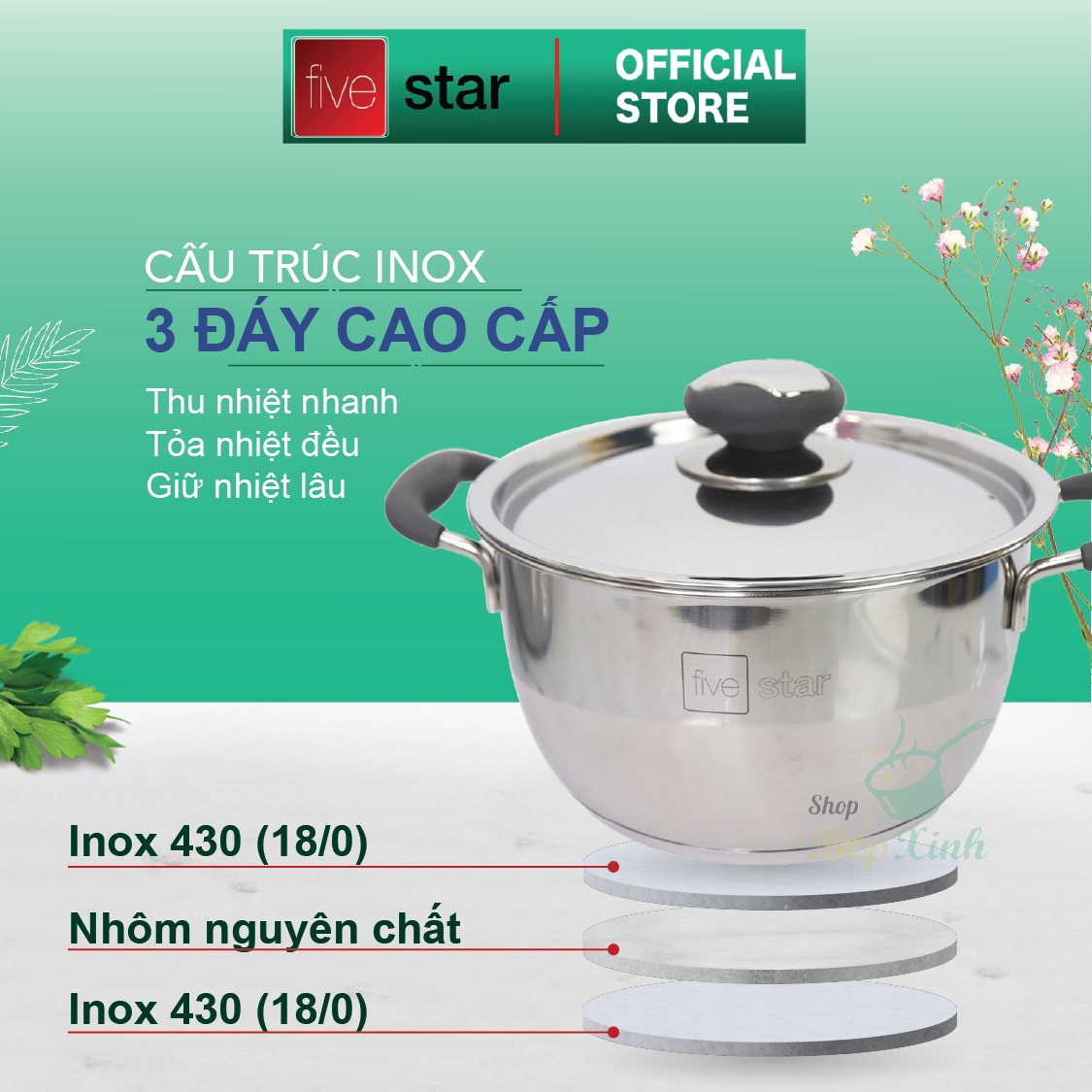 Bộ nồi inox và chảo chống dính Fivestar Standard chống nóng nắp inox 3 đáy từ tặng 2 vá canh (1 nồi 16cmx 1 nồi 20cm và 1 chảo 22cm )