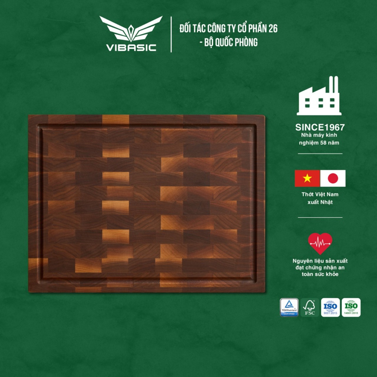 Thớt gỗ óc chó Vibasic kích thước 40x30x3.8cm, thái băm chặt đa năng, kèm hộp quà tặng cao cấp - Hàng chính hãng Bộ Quốc Phòng