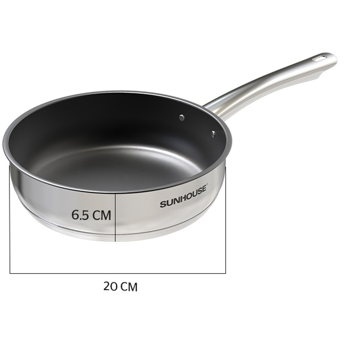 Chảo Inox cao cấp 5 Đáy chống dính siêu bền Sunhouse IN20M2 - 20 cm - Dùng trên mọi loại bếp - Hàng chính hãng