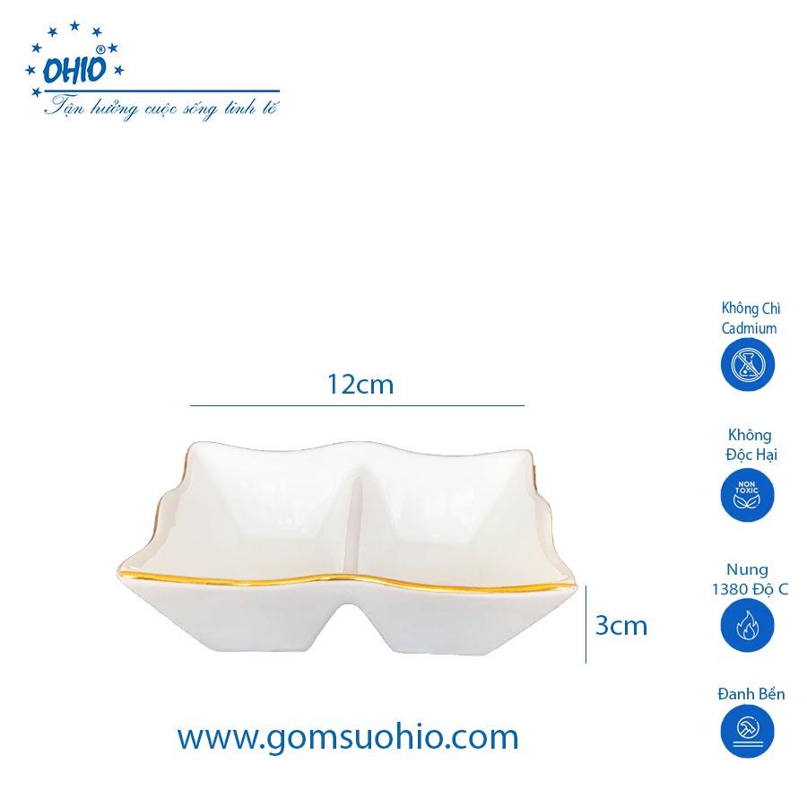 Đĩa 2 Ngăn Chữ Nhật Sứ Trắng Viền Vàng OHIO