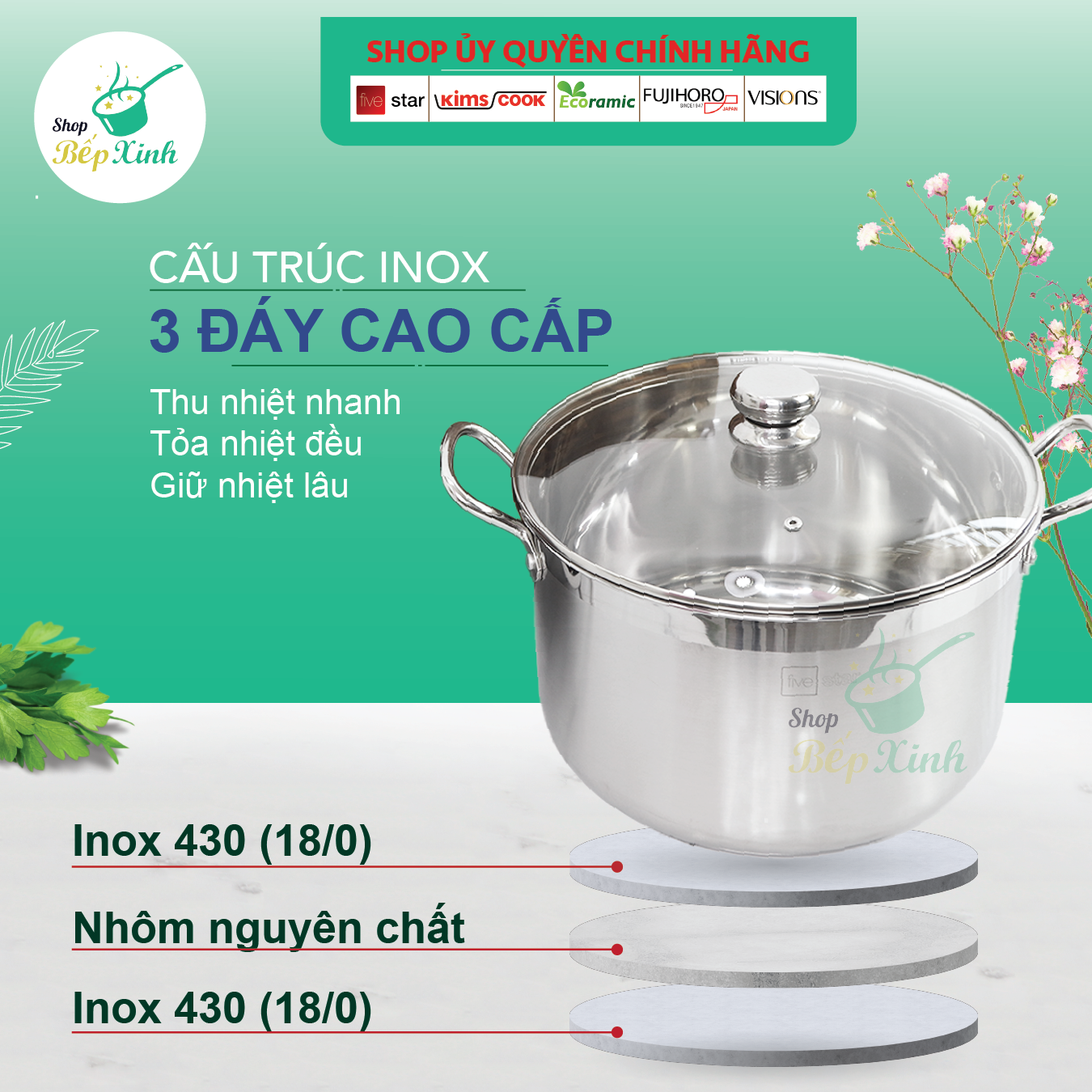 Nồi Inox 3 Đáy Nắp Kính Fivestar N28-3DG (28cm) - Hàng Chính Hãng