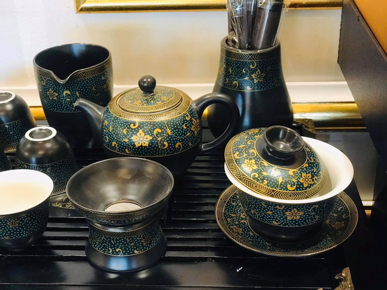 Bộ ấm chén pha trà đạo phong cách Nhật họa tiết hoa thổ cẩm - vd178