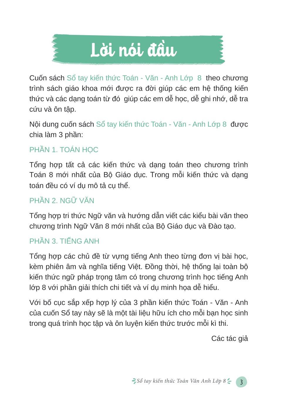 Sổ Tay Kiến Thức Toán Văn Anh Lớp 8
