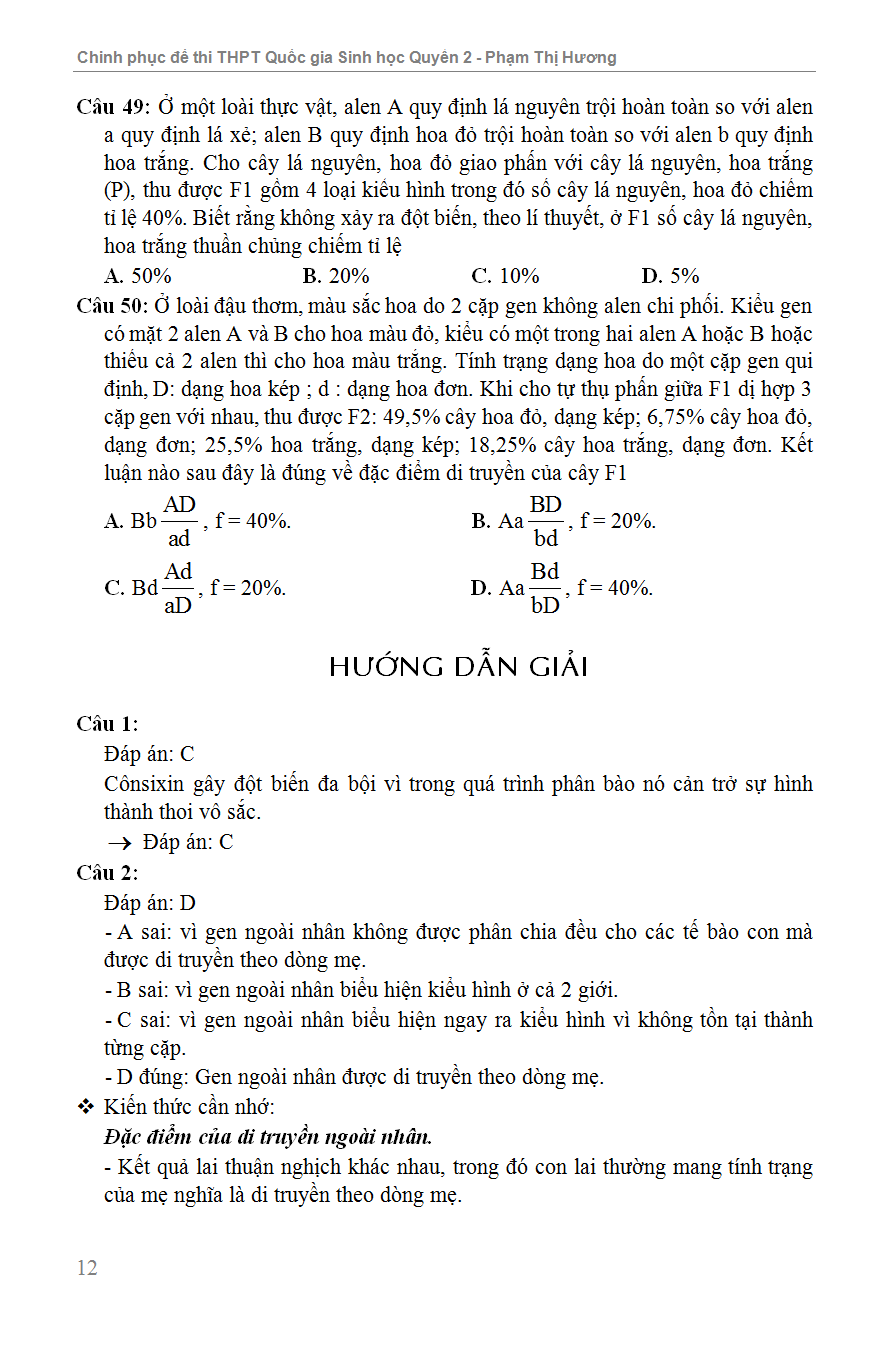 CHINH PHỤC ĐỀ THI TRUNG HỌC PHỔ THÔNG QUỐC GIA SINH HỌC QUYỂN 2_KV