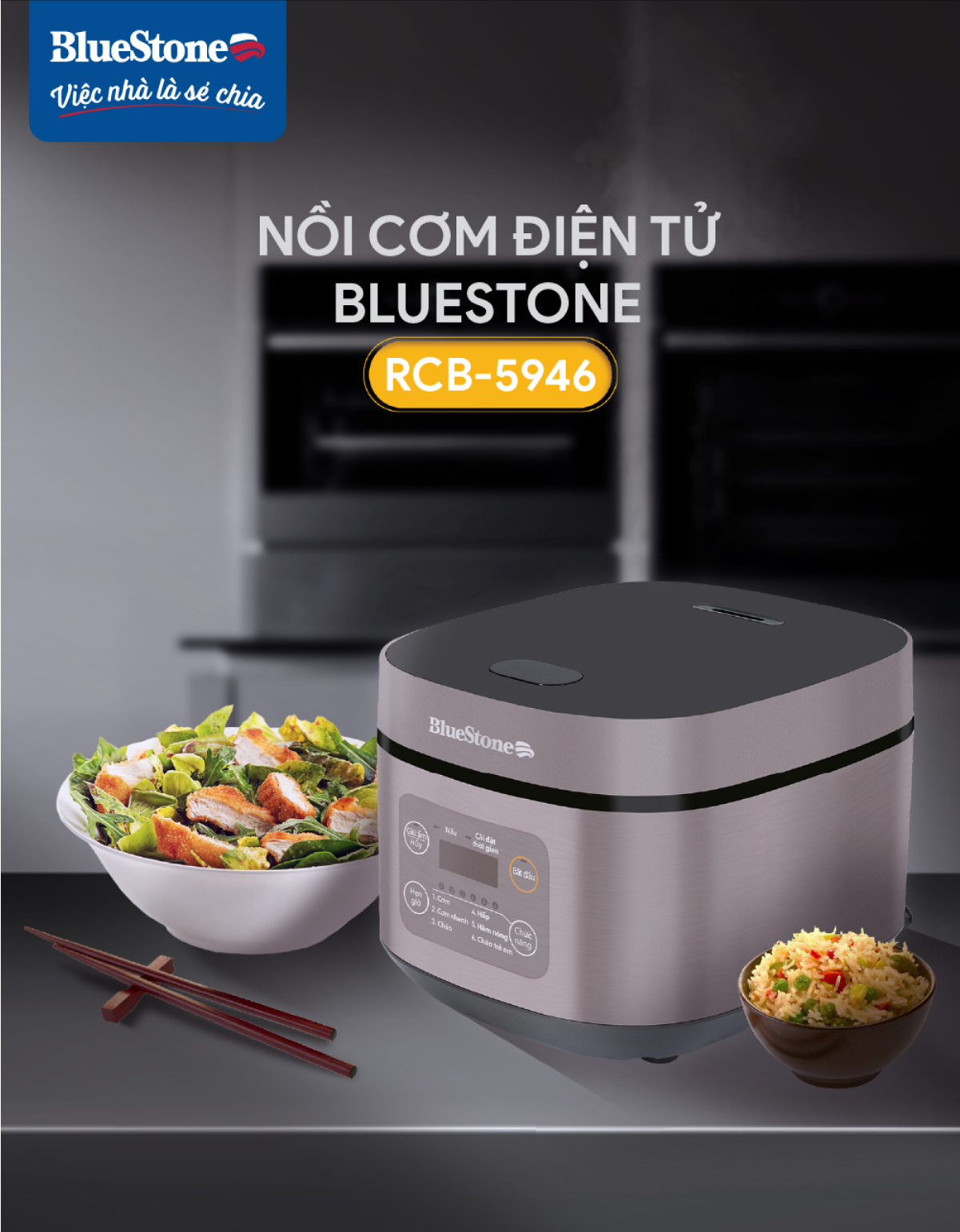 Nồi Cơm Điện Tử BlueStone RCB-5946 - Dung Tích 1,5 lít - Công suất 860W - Lòng nồi phủ chống dính cao cấp an toàn sức khỏe - 6 chế độ cài đặt sẵn - Bảo hành 2 năm - Hàng chính hãng