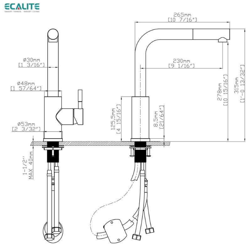 Vòi Rửa Chén Nóng Lạnh Pull-down Ecalite EF-K185S - Có Dây Rút - Inox 304 Siêu Bền - Hàng Chính Hãng