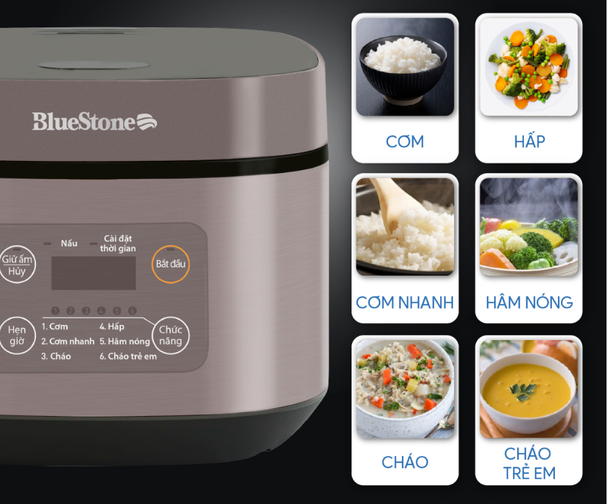 Nồi Cơm Điện Tử BlueStone RCB-5946 - Dung Tích 1,5 lít - Công suất 860W - Lòng nồi phủ chống dính cao cấp an toàn sức khỏe - 6 chế độ cài đặt sẵn - Bảo hành 2 năm - Hàng chính hãng