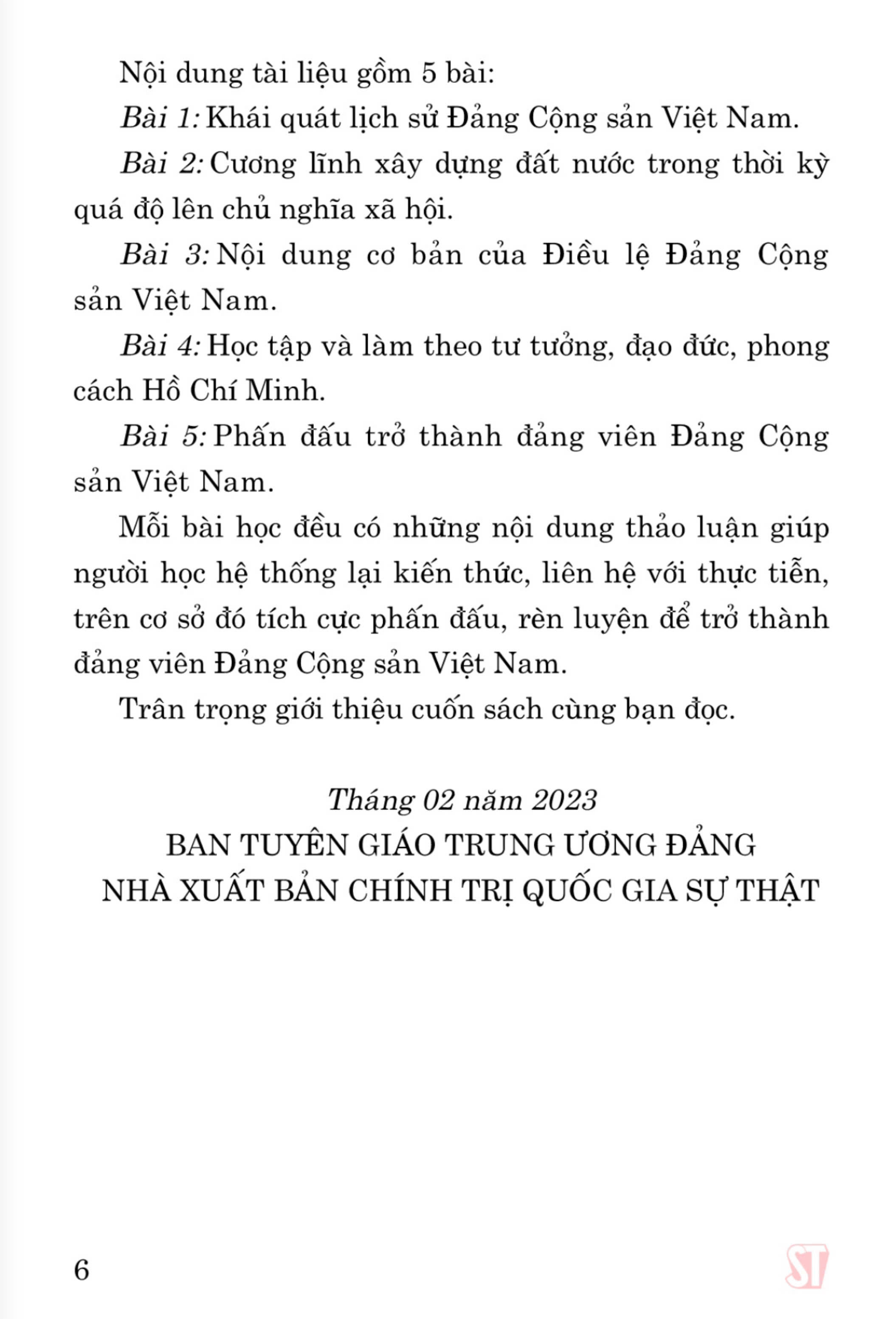 Tài liệu bồi dưỡng nhận thức về Đảng (xuất bản lần lần thứ 22 có sửa chữa, bổ sung)