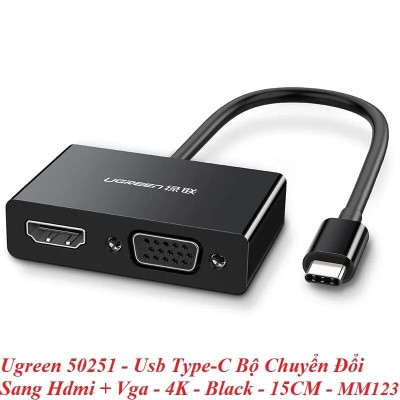 Ugreen UG50251MM123TK 15CM màu Đen Bộ chuyển đổi TYPE C sang HDMI + VGA + hỗ trợ phân giải 4K - HÀNG CHÍNH HÃNG