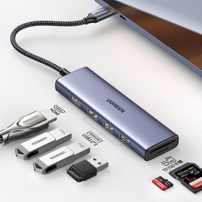 Ugreen UG25124CM511TK USB type C sang 1 x HDMI 4K30Hz + 3 x USB3.0 + TF + SD Bộ chuyển 6in1 - HÀNG CHÍNH HÃNG