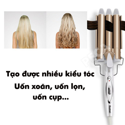 Máy uốn tóc 3 trục Kemei KM-1010 điều chỉnh 2 mức nhiệt độ chuyên dụng làm tóc xoăn gợn sóng, uốn tóc uốn sóng nước bồng bềnh tiện lợi