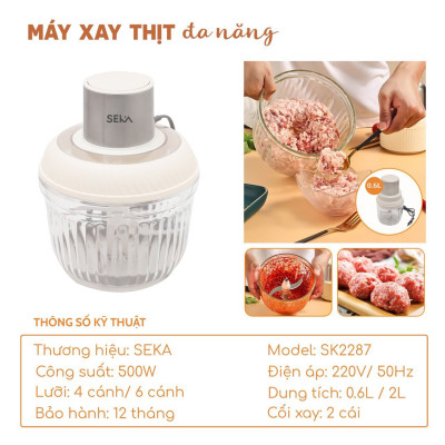 Máy xay thịt đa năng SEKA SK2287, 2 cối thủy tinh, thiết kế 4 - 6 lưỡi dao sắc bén, Công suất mạnh 500W hàng nhập khẩu