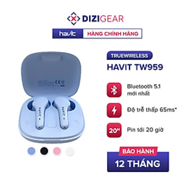 Tai nghe TWS Havit TW959, Bluetooth 5.1, Độ Trễ Tới 65ms, Nghe Độc Lập, Pin Tới 20H - Hàng Chính Hãng Dizigear