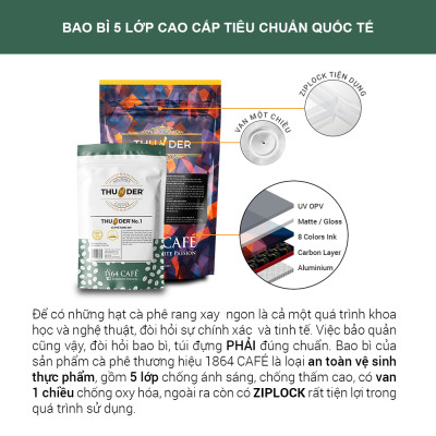  Cà Phê Nguyên Hạt Hạng 1 Sàng 1864/64 in Trọng lượng 220g THUNDER No.3 - 1864 CAFÉ