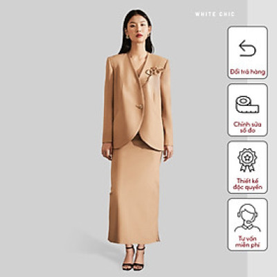 Áo blazer nữ vạt buông tròn đính kèm hoa cài thủ công OLIVE thiết kế cao cấp WHITE CHIC