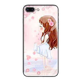 Ốp lưng kính cường lực cho iPhone 7 Plus /8 Plus Nền Cô Gái Váy Trắng Nền Hoa Đào - Hàng Chính Hãng