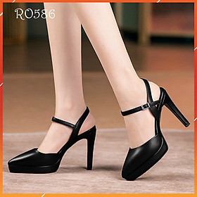 Giày sandal nữ cao gót 9 phân hàng hiệu rosata hai màu đen trắng thời trang cap cấp ro586