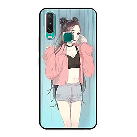 Ốp Lưng in cho Vivo Y17 Mẫu Cô Gái Áo Hồng Nền Xanh - Hàng Chính Hãng