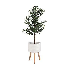 Chậu trang trí bằng sành DEARO hình trụ tròn màu trắng kết hợp chân đỡ bằng gỗ, kích thước 35x50cm (RxC) | Index Living Mall - Phân phối độc quyền tại Việt Nam