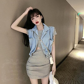 Áo denim sát nách bo gấu phong cách Hàn Quốc